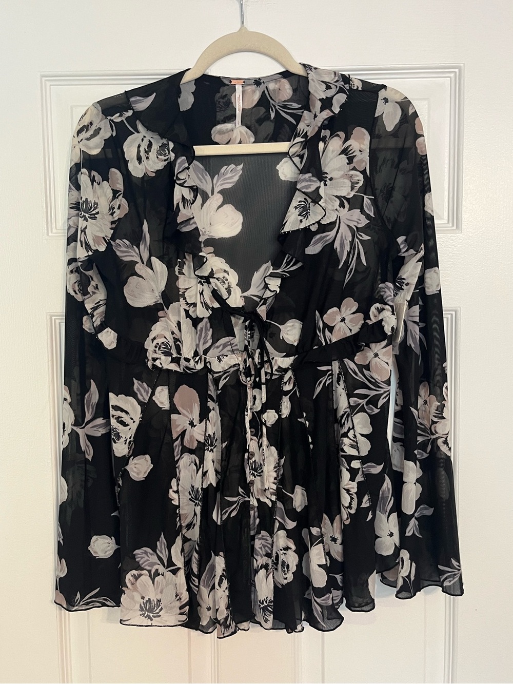 NWT Free People Black Sheer Floral Tie-Front Top